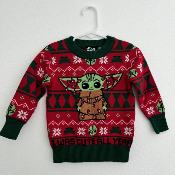 12Mo Kid's Star Wars Holiday Christmas Sweater - Baby Yoda "I Was Cute All Year" - Picture 2 of 5
